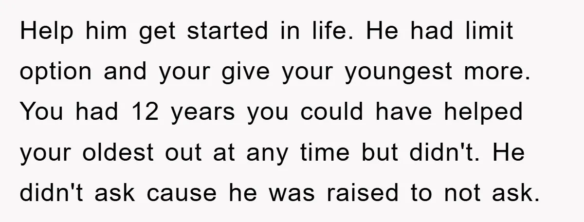 Help him get started in life. He had limit option and your give your youngest more. You had 12 years you could have helped your oldest out at any time...
