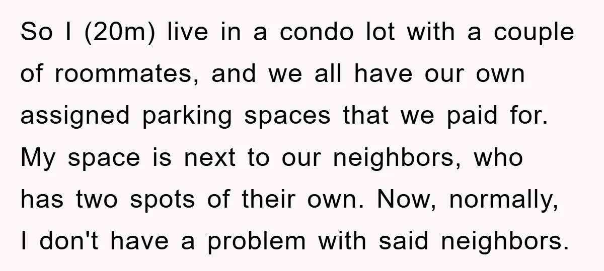 So I (20m) live in a condo lot with a couple of roommates, and we all have our own assigned parking spaces that we paid for. My space is next...