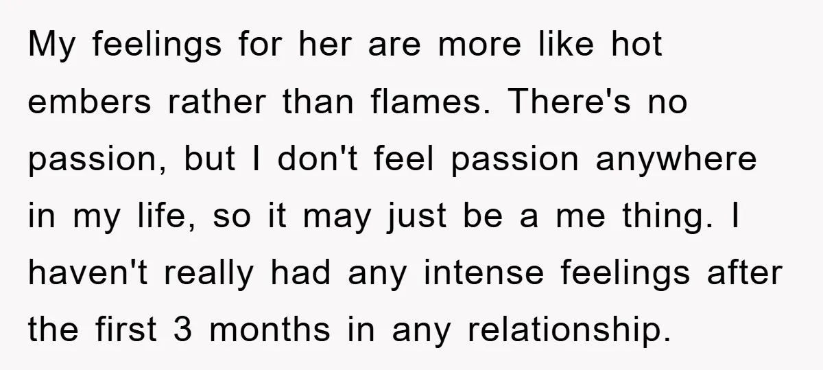 My feelings for her are more like hot embers rather than flames. There's no passion, but I don't feel passion anywhere in my life, so it may just be a...