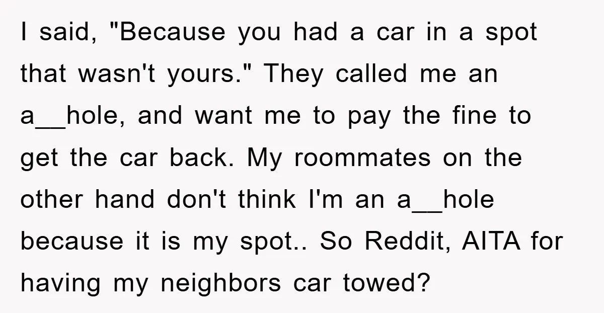 I said, "Because you had a car in a spot that wasn't yours." They called me an a__hole, and want me to pay the fine to get the car back....