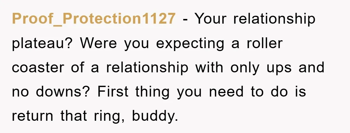 Proof_Protection1127 − Your relationship plateau? Were you expecting a roller coaster of a relationship with only ups and no downs? First thing you need to do is return that ring,...