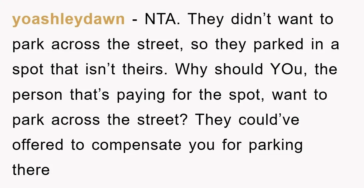 yoashleydawn − NTA. They didn’t want to park across the street, so they parked in a spot that isn’t theirs. Why should YOu, the person that’s paying for the spot,...