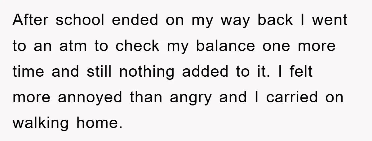 After school ended on my way back I went to an atm to check my balance one more time and still nothing added to it. I felt more annoyed than...