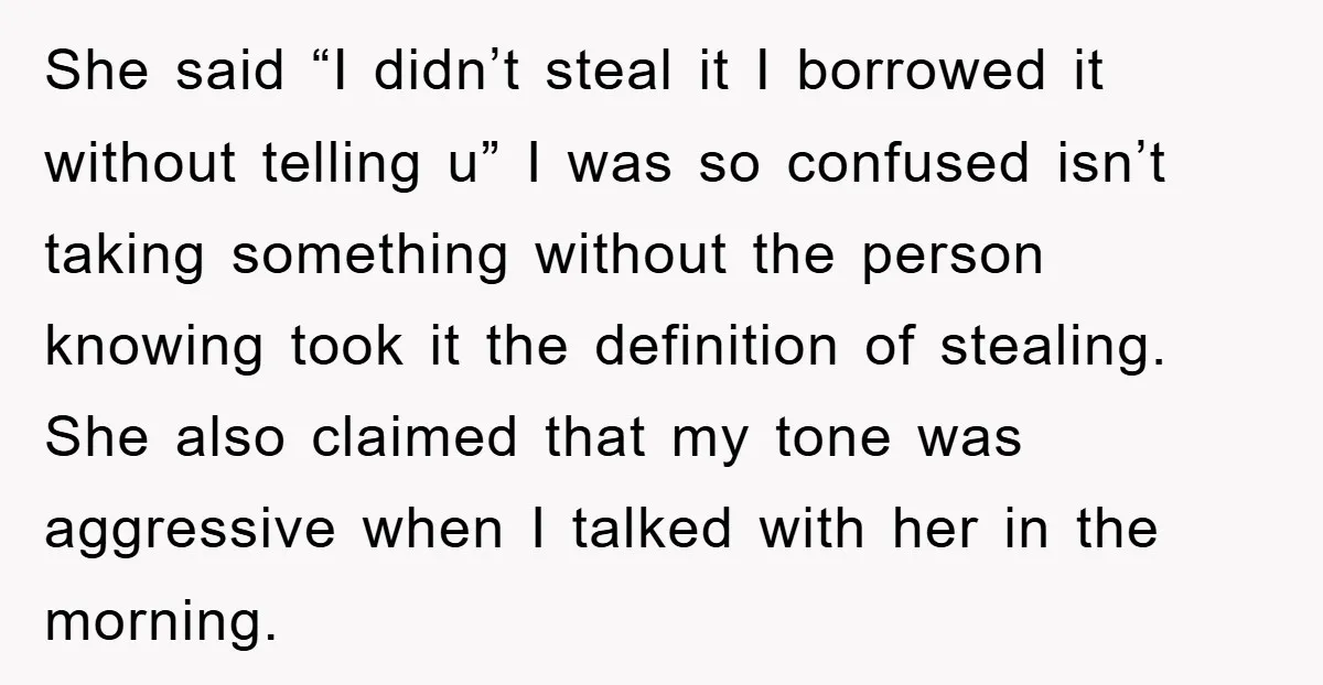 She said “I didn’t steal it I borrowed it without telling u” I was so confused isn’t taking something without the person knowing took it the definition of stealing. She...