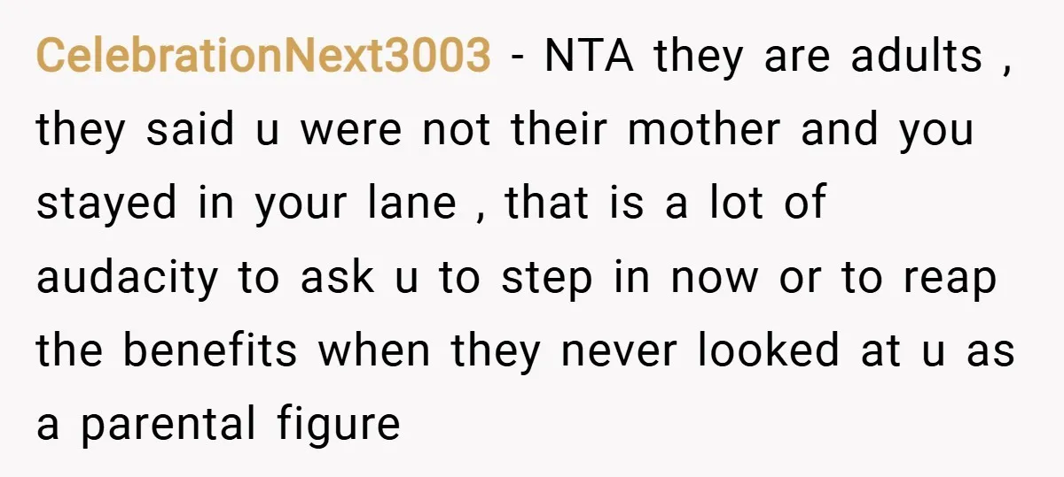 CelebrationNext3003 − NTA they are adults , they said u were not their mother and you stayed in your lane , that is a lot of audacity to ask u...