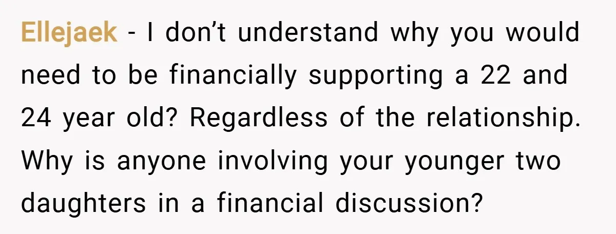 Ellejaek − I don’t understand why you would need to be financially supporting a 22 and 24 year old? Regardless of the relationship. Why is anyone involving your younger two...