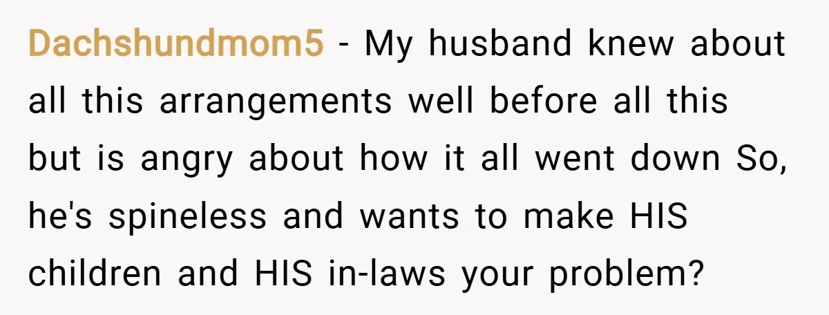 Dachshundmom5 − My husband knew about all this arrangements well before all this but is angry about how it all went down So, he's spineless and wants to make HIS...