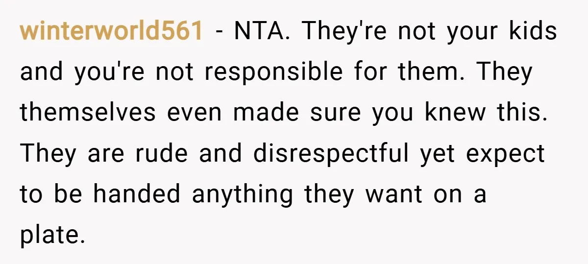 winterworld561 − NTA. They're not your kids and you're not responsible for them. They themselves even made sure you knew this. They are rude and disrespectful yet expect to be...