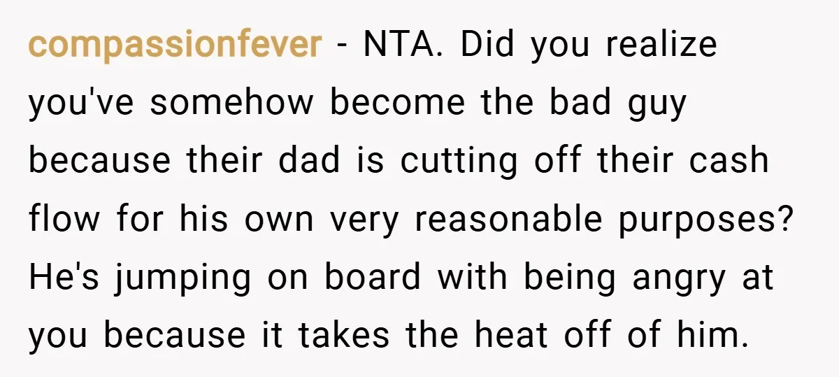 compassionfever − NTA. Did you realize you've somehow become the bad guy because their dad is cutting off their cash flow for his own very reasonable purposes? He's jumping on...