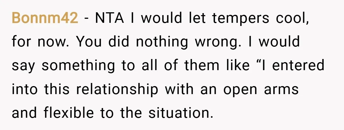 Bonnm42 − NTA I would let tempers cool, for now. You did nothing wrong. I would say something to all of them like “I entered into this relationship with an...