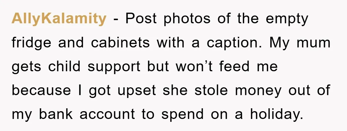 AllyKalamity − Post photos of the empty fridge and cabinets with a caption. My mum gets child support but won’t feed me because I got upset she stole money out...