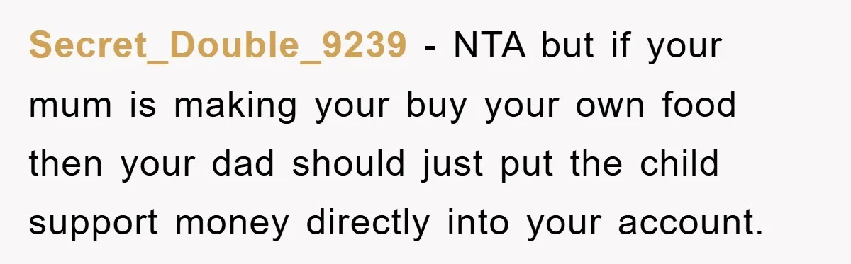 Secret_Double_9239 − NTA but if your mum is making your buy your own food then your dad should just put the child support money directly into your account.