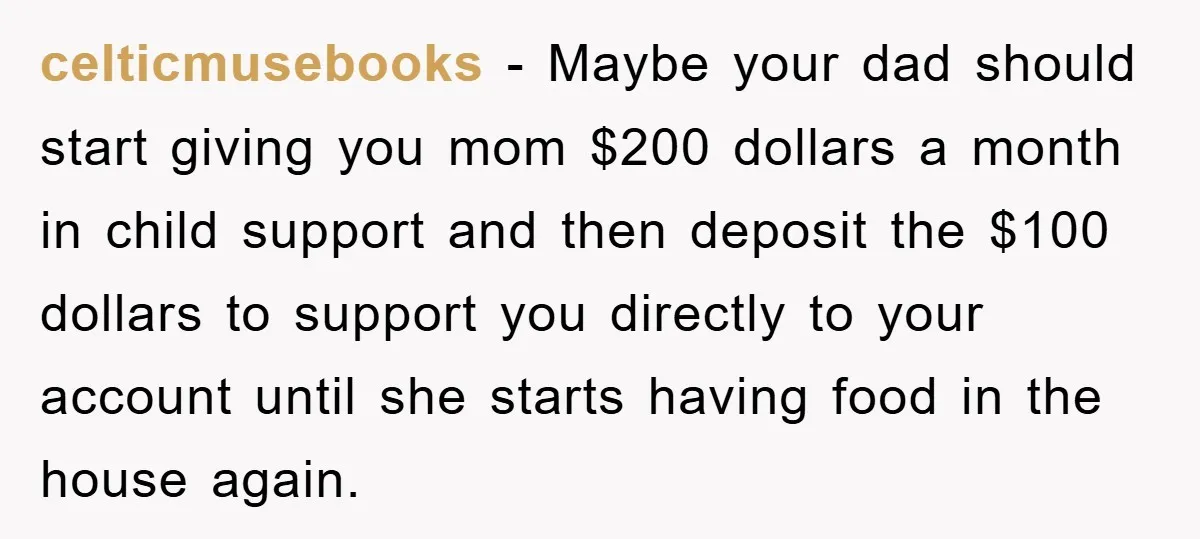 celticmusebooks − Maybe your dad should start giving you mom $200 dollars a month in child support and then deposit the $100 dollars to support you directly to your account...