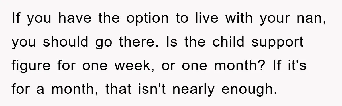 If you have the option to live with your nan, you should go there. Is the child support figure for one week, or one month? If it's for a month,...