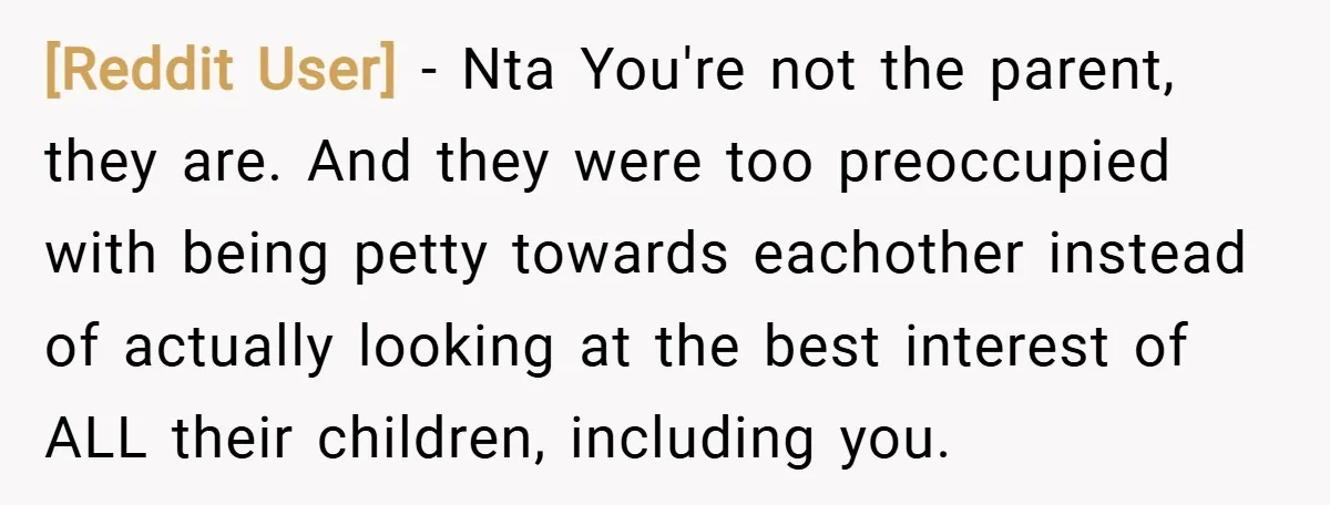 [Reddit User] − Nta You're not the parent, they are. And they were too preoccupied with being petty towards eachother instead of actually looking at the best interest of ALL...