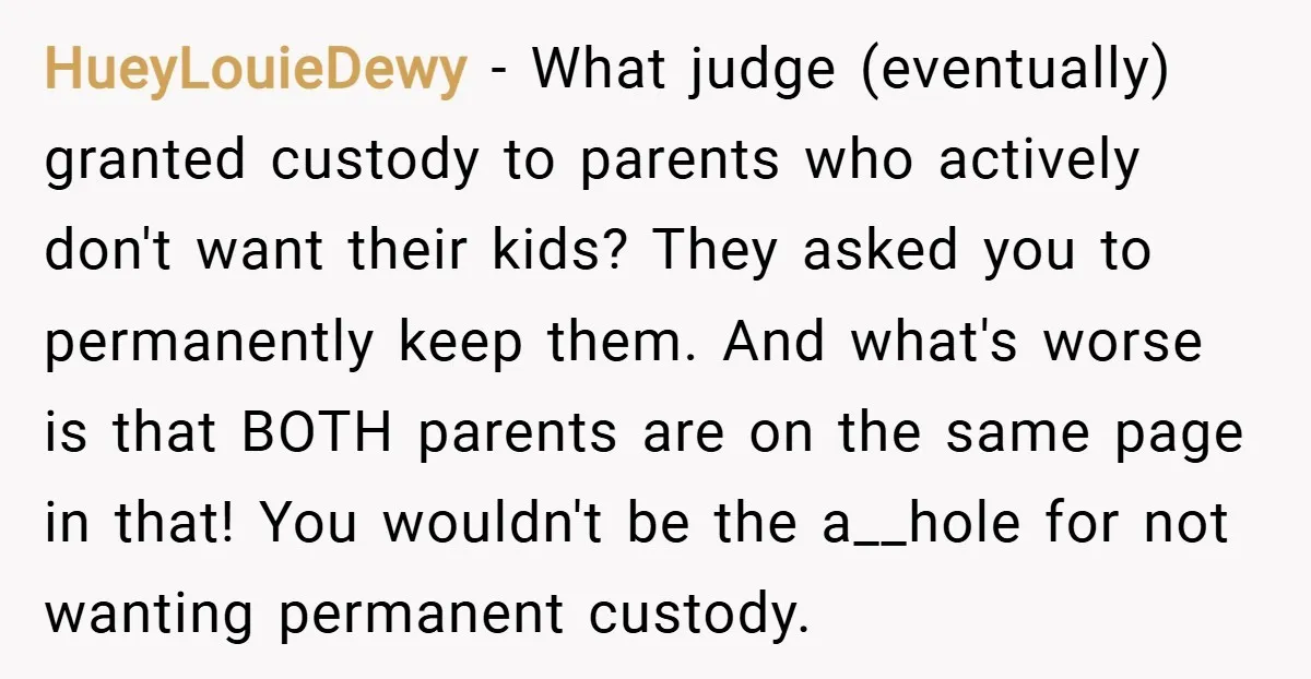 HueyLouieDewy − What judge (eventually) granted custody to parents who actively don't want their kids? They asked you to permanently keep them. And what's worse is that BOTH parents are...