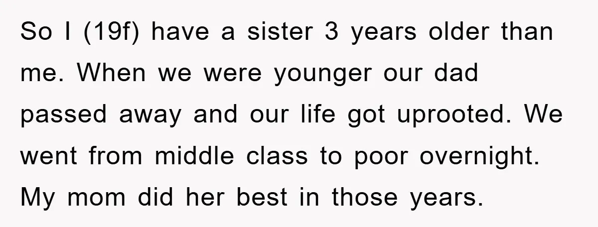 So I (19f) have a sister 3 years older than me. When we were younger our dad passed away and our life got uprooted. We went from middle class to...