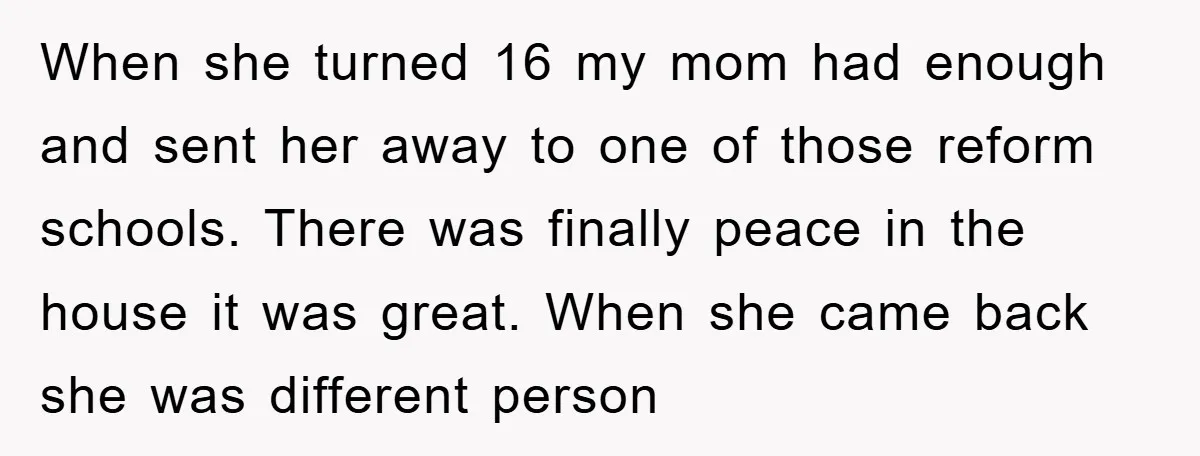 When she turned 16 my mom had enough and sent her away to one of those reform schools. There was finally peace in the house it was great. When she...