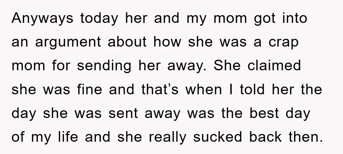 Anyways today her and my mom got into an argument about how she was a crap mom for sending her away. She claimed she was fine and that’s when I...