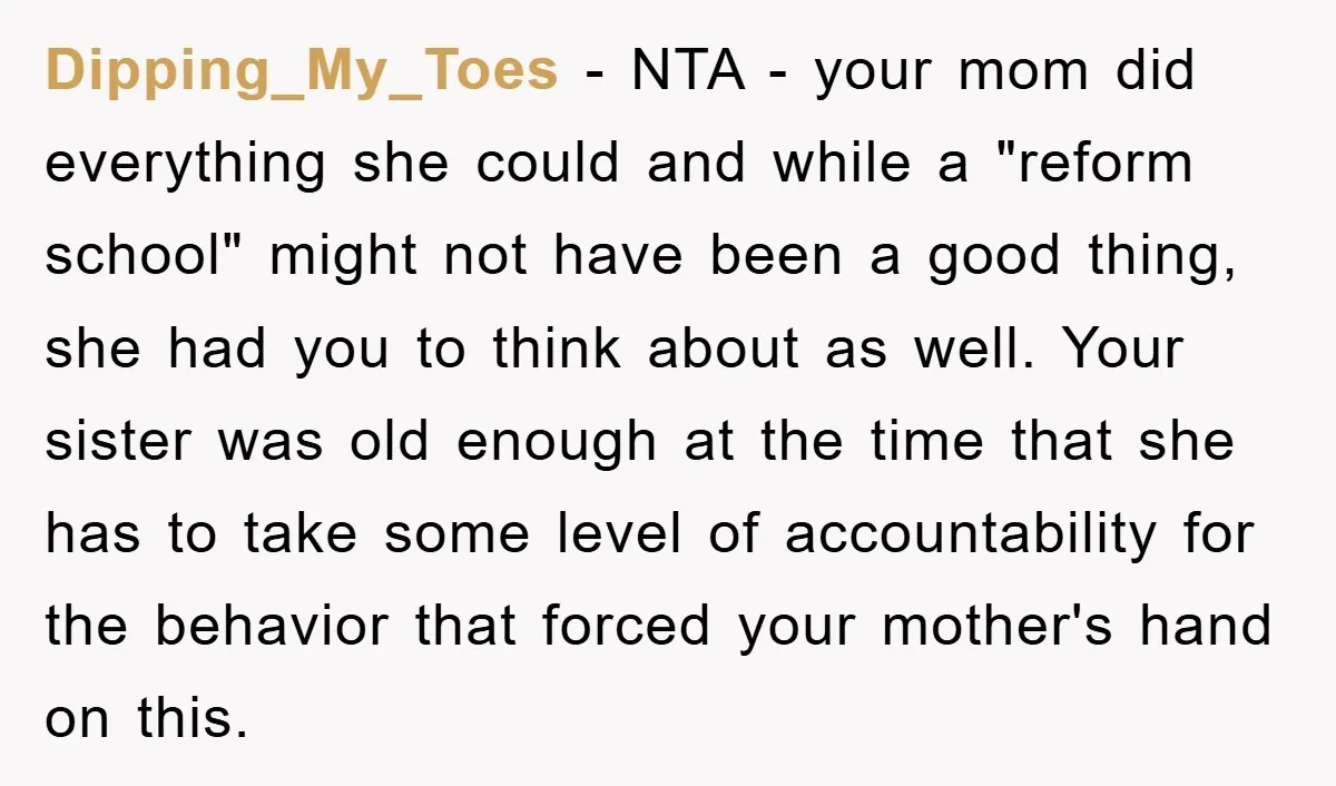 Dipping_My_Toes − NTA - your mom did everything she could and while a "reform school" might not have been a good thing, she had you to think about as well....