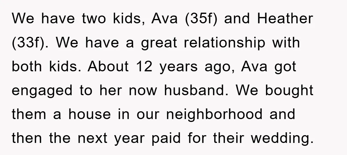 We have two kids, Ava (35f) and Heather (33f). We have a great relationship with both kids. About 12 years ago, Ava got engaged to her now husband. We bought...