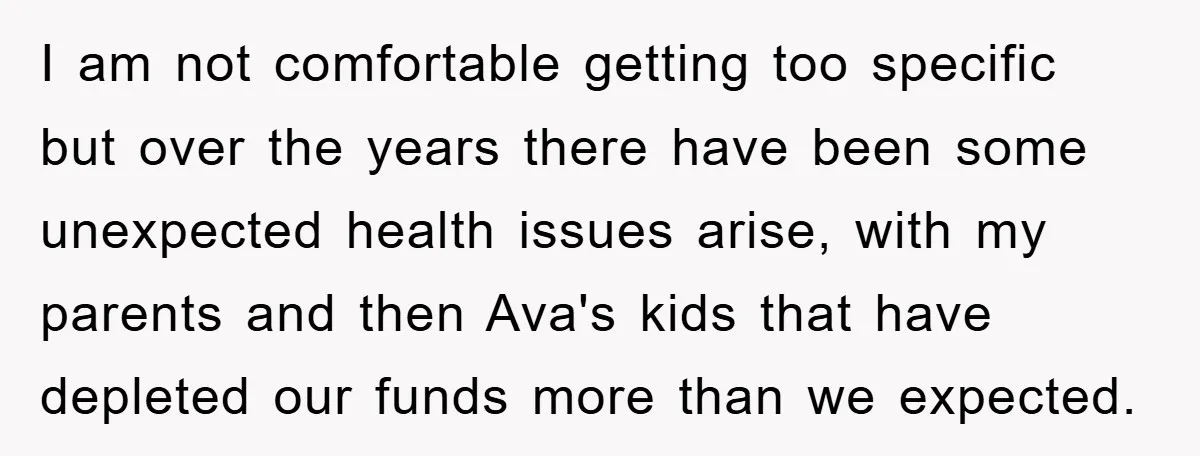 I am not comfortable getting too specific but over the years there have been some unexpected health issues arise, with my parents and then Ava's kids that have depleted our...
