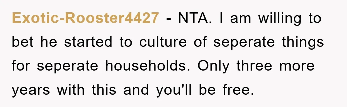 Exotic-Rooster4427 − NTA. I am willing to bet he started to culture of seperate things for seperate households. Only three more years with this and you'll be free.