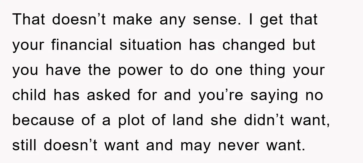That doesn’t make any sense. I get that your financial situation has changed but you have the power to do one thing your child has asked for and you’re saying...