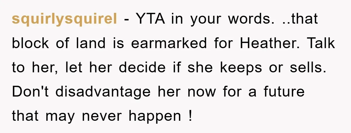 squirlysquirel − YTA in your words. ..that block of land is earmarked for Heather. Talk to her, let her decide if she keeps or sells. Don't disadvantage her now for...