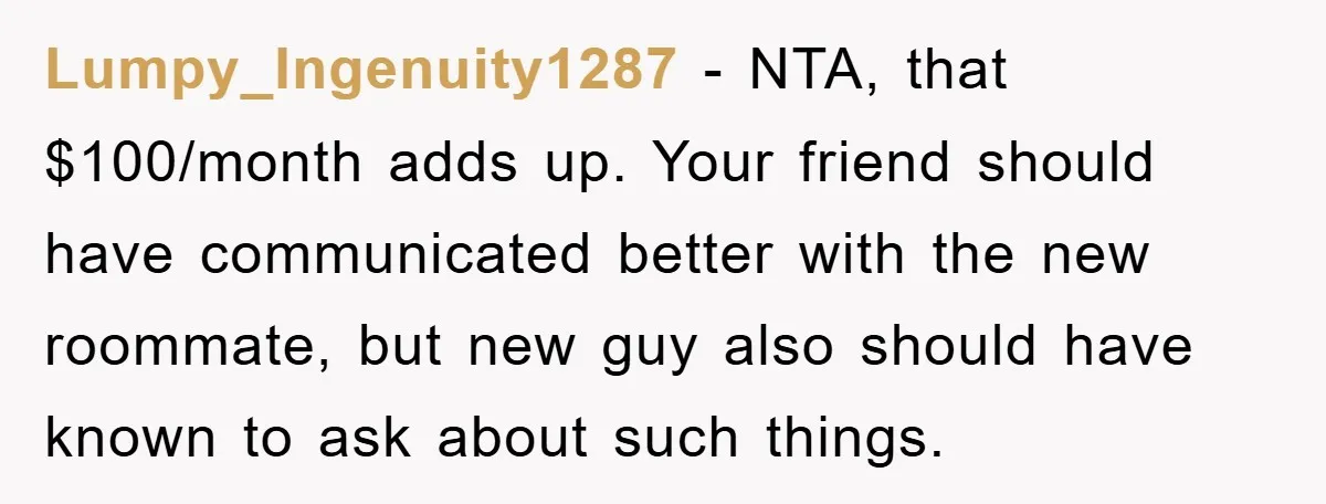 Lumpy_Ingenuity1287 − NTA, that $100/month adds up. Your friend should have communicated better with the new roommate, but new guy also should have known to ask about such things.
