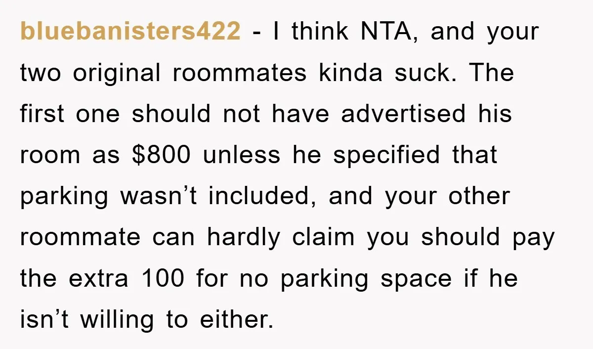 bluebanisters422 − I think NTA, and your two original roommates kinda suck. The first one should not have advertised his room as $800 unless he specified that parking wasn’t included,...