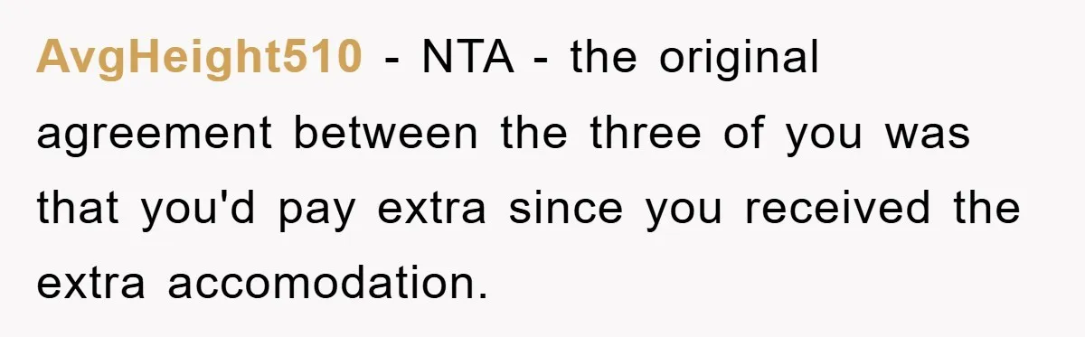AvgHeight510 − NTA - the original agreement between the three of you was that you'd pay extra since you received the extra accomodation.