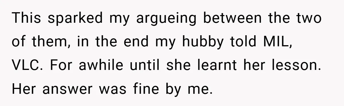 This sparked my argueing between the two of them, in the end my hubby told MIL, VLC. For awhile until she learnt her lesson. Her answer was fine by me.