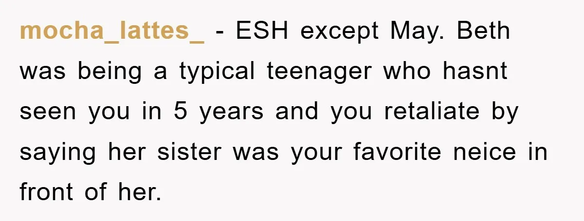 mocha_lattes_ − ESH except May. Beth was being a typical teenager who hasnt seen you in 5 years and you retaliate by saying her sister was your favorite neice in...