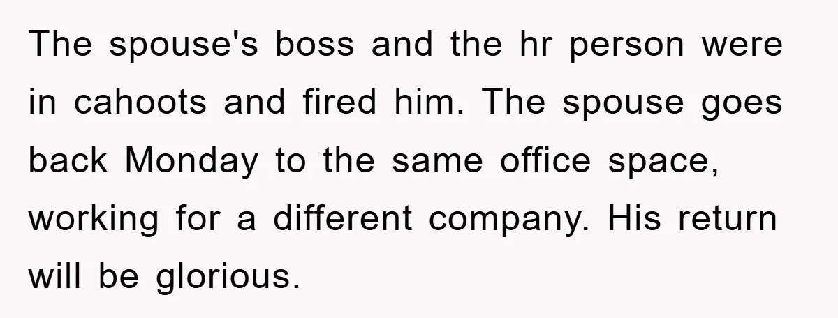 The spouse's boss and the hr person were in cahoots and fired him. The spouse goes back Monday to the same office space, working for a different company. His return...
