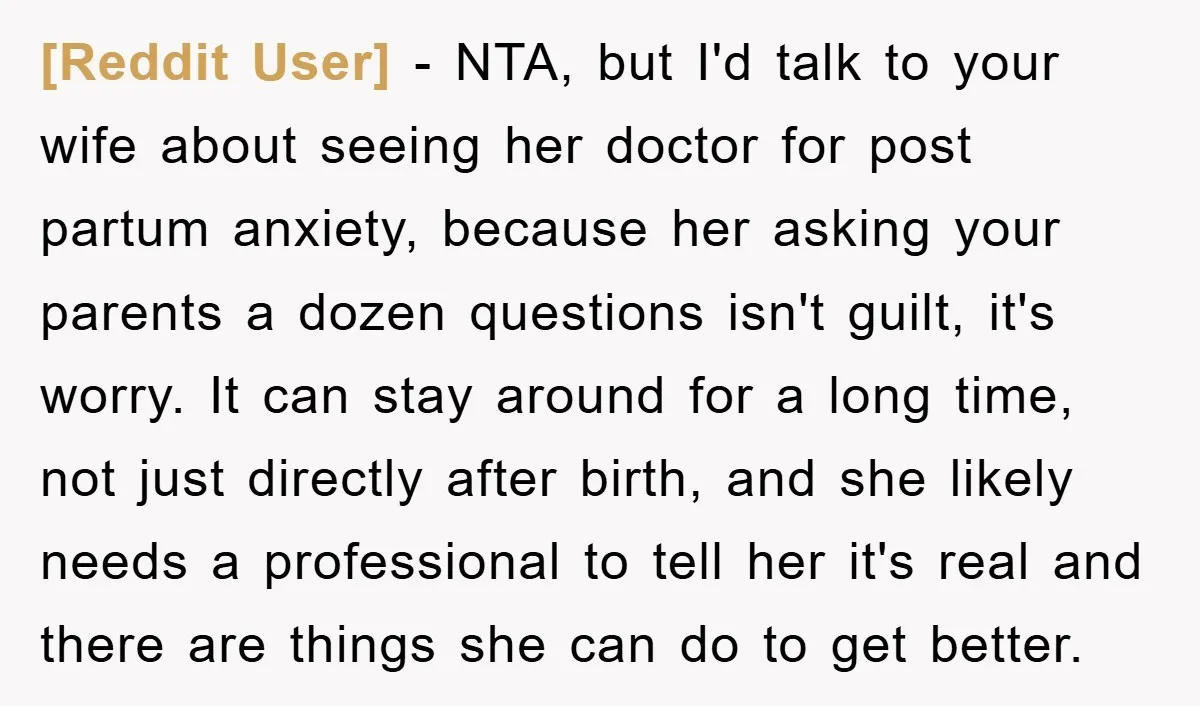 [Reddit User] − NTA, but I'd talk to your wife about seeing her doctor for post partum anxiety, because her asking your parents a dozen questions isn't guilt, it's worry....