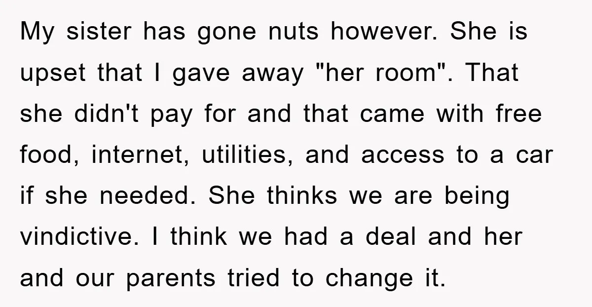 My sister has gone nuts however. She is upset that I gave away "her room". That she didn't pay for and that came with free food, internet, utilities, and access...