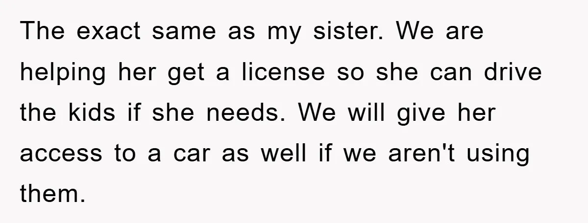 The exact same as my sister. We are helping her get a license so she can drive the kids if she needs. We will give her access to a car...