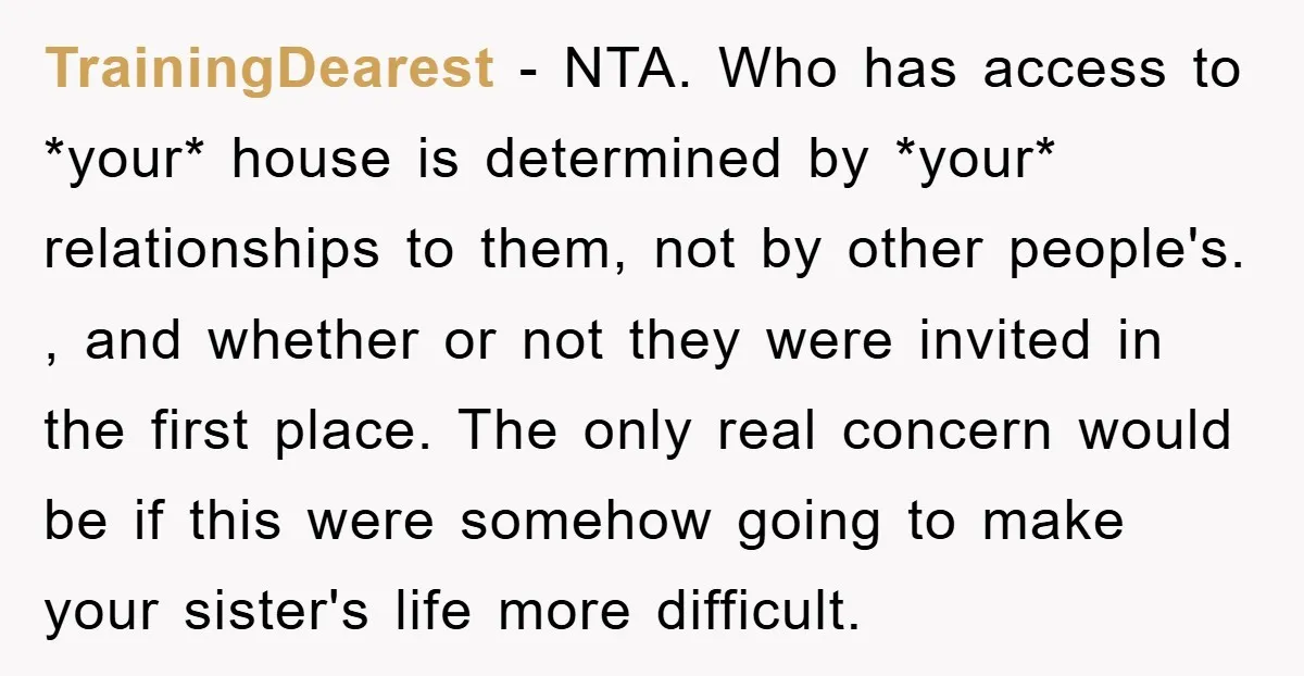 TrainingDearest − NTA. Who has access to *your* house is determined by *your* relationships to them, not by other people's. , and whether or not they were invited in the...