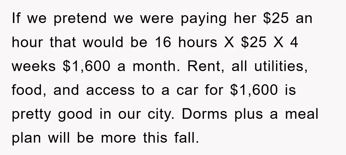If we pretend we were paying her $25 an hour that would be 16 hours X $25 X 4 weeks $1,600 a month. Rent, all utilities, food, and access to...