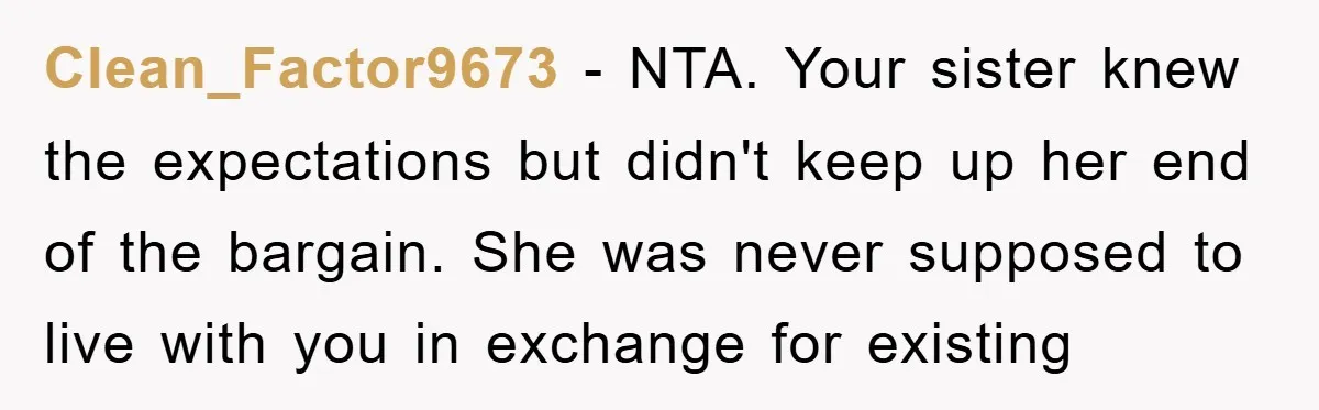 Clean_Factor9673 − NTA. Your sister knew the expectations but didn't keep up her end of the bargain. She was never supposed to live with you in exchange for existing