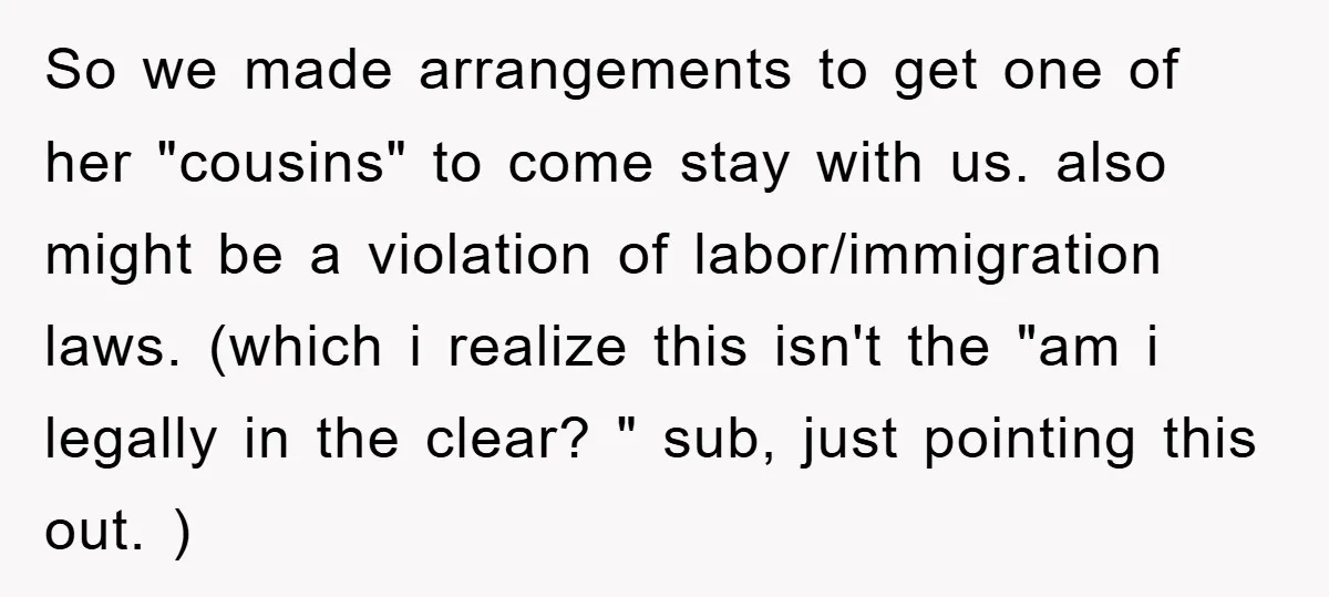 So we made arrangements to get one of her "cousins" to come stay with us. also might be a violation of labor/immigration laws. (which i realize this isn't the "am...