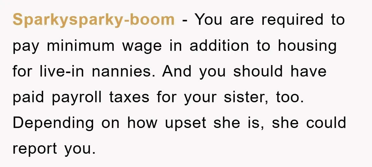 Sparkysparky-boom − You are required to pay minimum wage in addition to housing for live-in nannies. And you should have paid payroll taxes for your sister, too. Depending on how...
