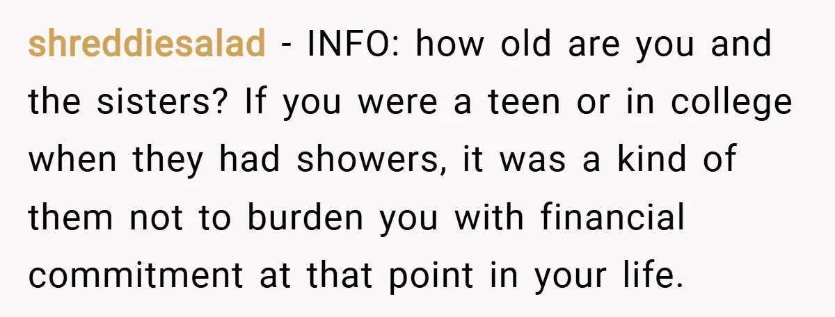 shreddiesalad − INFO: how old are you and the sisters? If you were a teen or in college when they had showers, it was a kind of them not to...