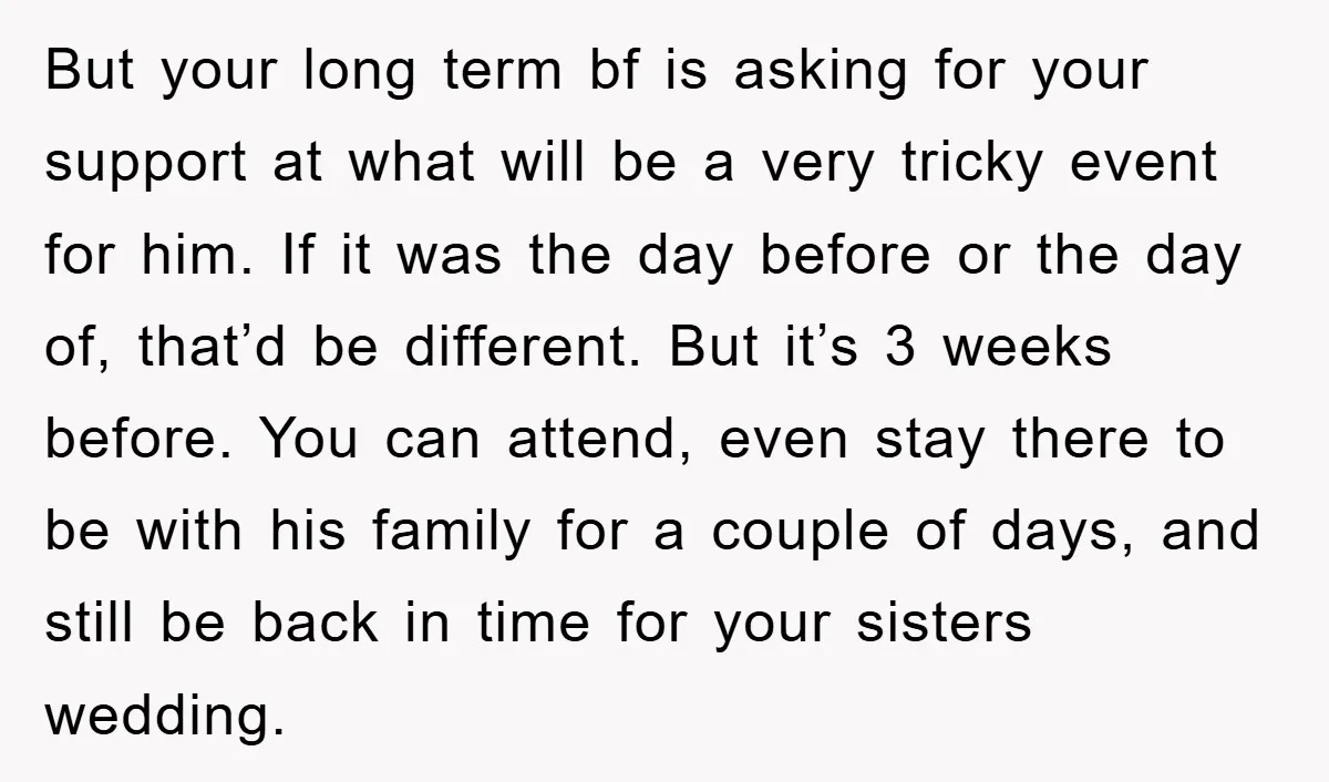 But your long term bf is asking for your support at what will be a very tricky event for him. If it was the day before or the day of,...