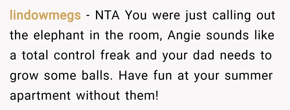 lindowmegs − NTA You were just calling out the elephant in the room, Angie sounds like a total control freak and your dad needs to grow some balls. Have fun...