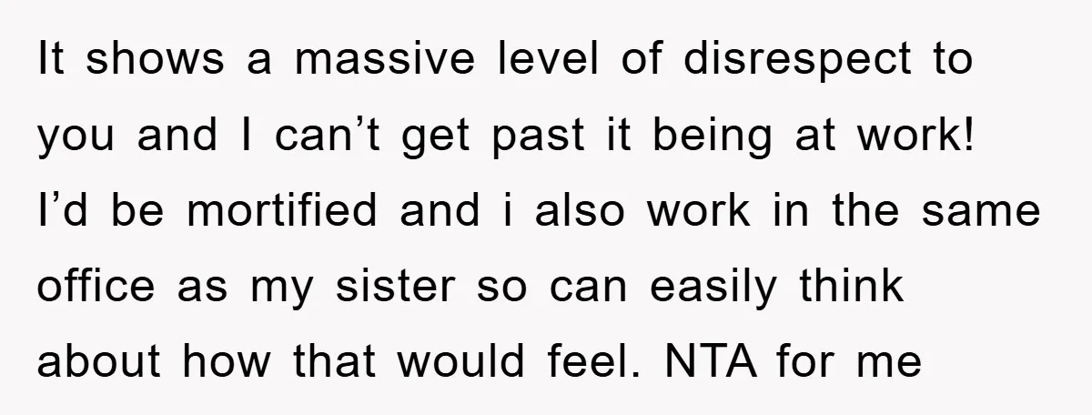 It shows a massive level of disrespect to you and I can’t get past it being at work! I’d be mortified and i also work in the same office as...