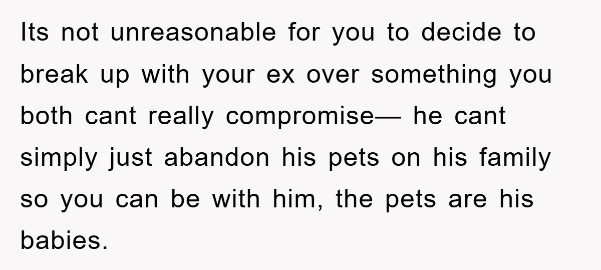 Its not unreasonable for you to decide to break up with your ex over something you both cant really compromise— he cant simply just abandon his pets on his family...