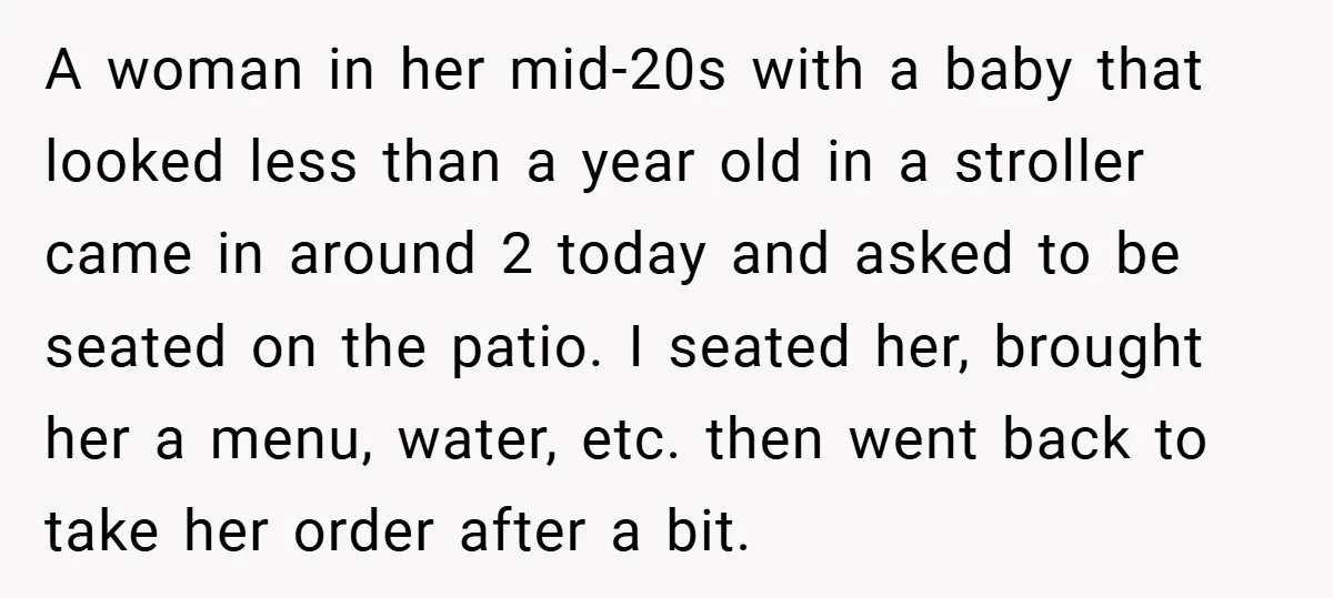 A woman in her mid-20s with a baby that looked less than a year old in a stroller came in around 2 today and asked to be seated on the...