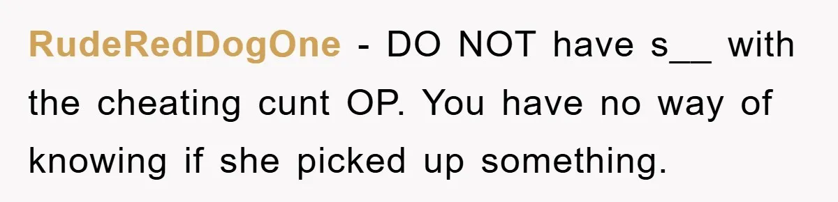 RudeRedDogOne − DO NOT have s__ with the cheating cunt OP. You have no way of knowing if she picked up something.
